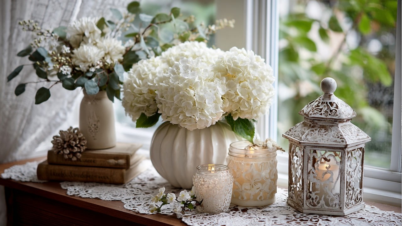 Elegant Vintage Cream White Farmhouse Decor Sweet Romantic Shabby Chic Cozy Spring Decor