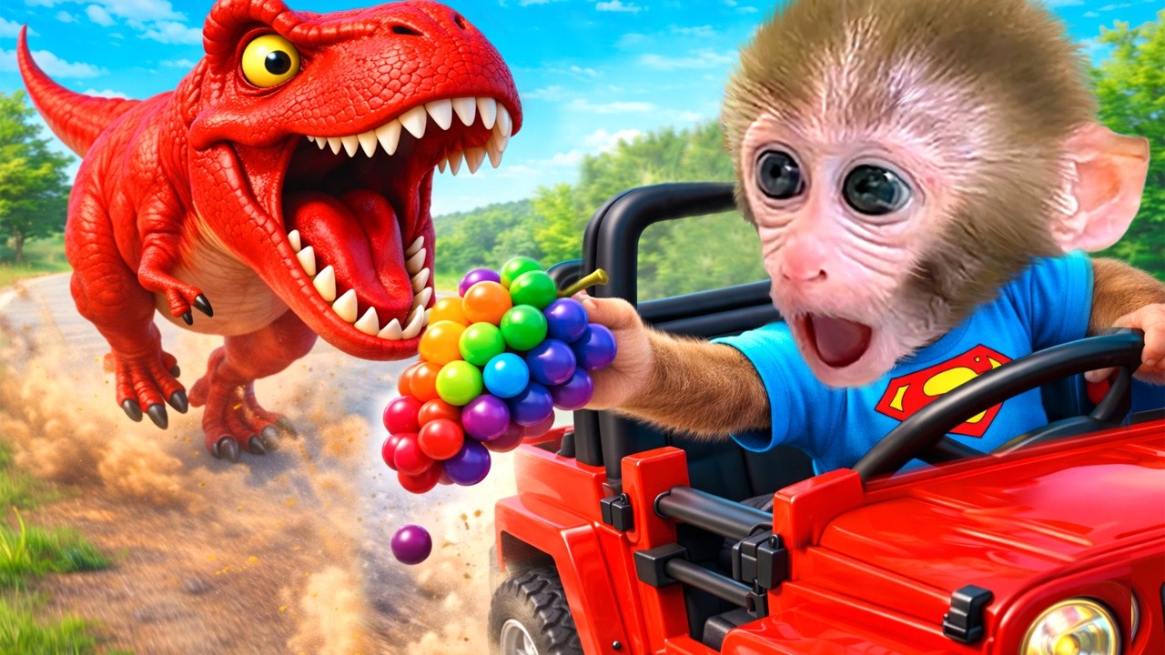 Monyet BonBon menikmati mandi busa dan menjelajahi taman dinosaurus raksasa bersama teman bebeknya