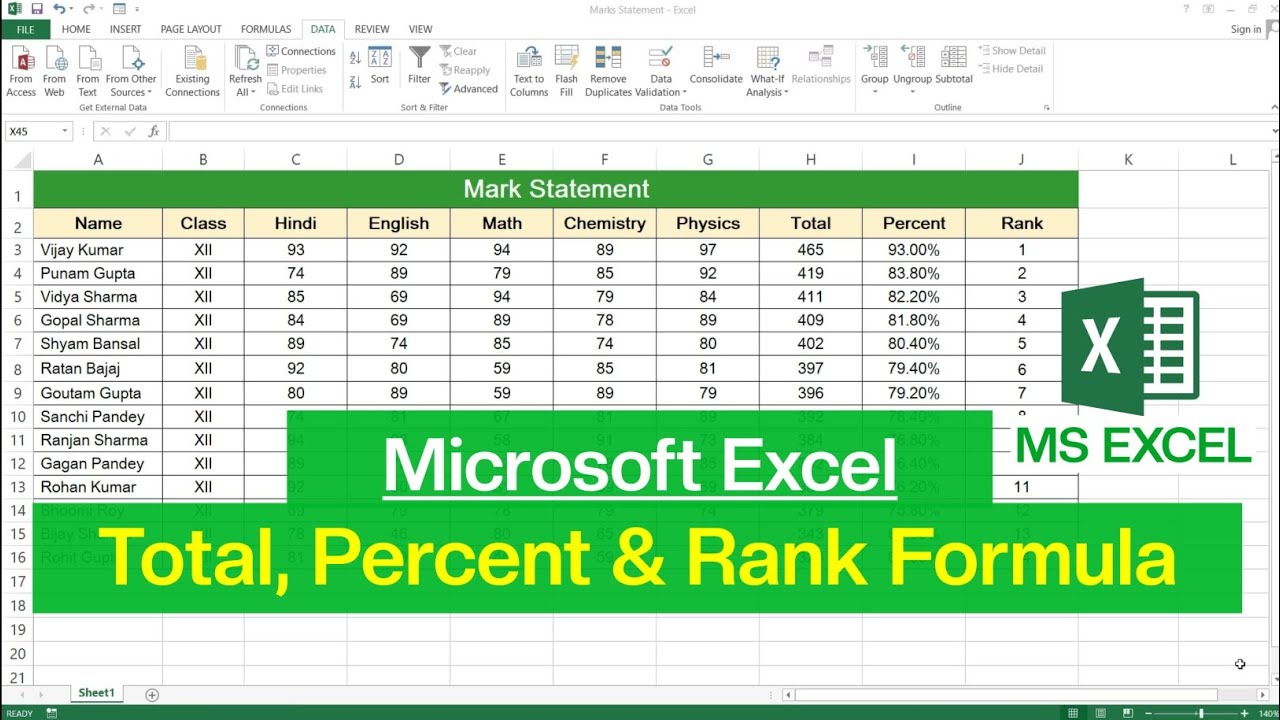How to Create a Marksheet in Microsoft Excel | Total, Percent and Rank Formula in Excel