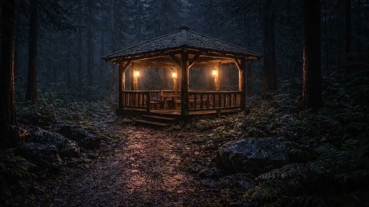 Rainy Night in a Forest Gazebo | Relaxing Rain Sounds for Sleep (4 Hours)