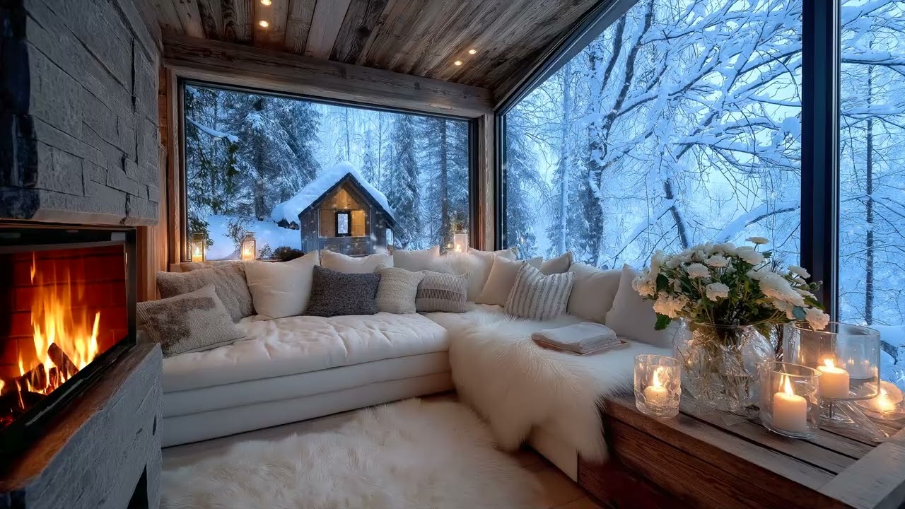 ☃️🎹 Dreamy Winter Piano Atmosphere | Cozy White Interior Lounge & Fireplace | 10 Hours Study Relax