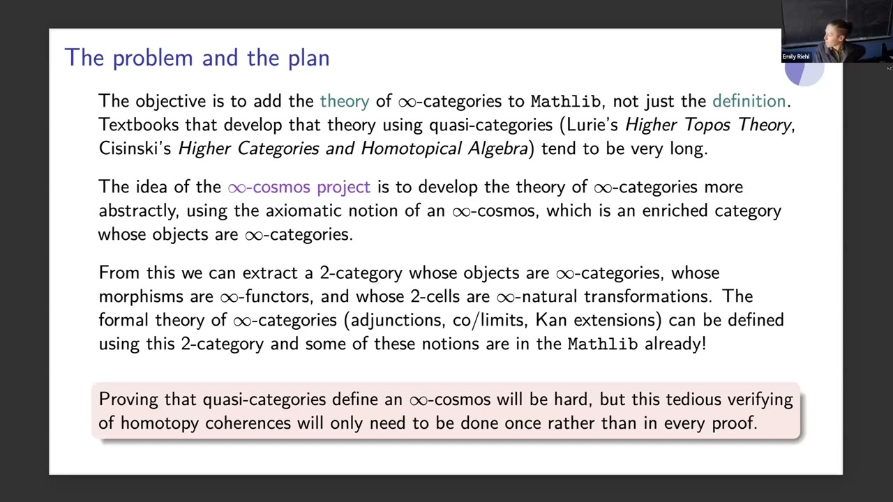 Lean Together 2025: Emily Riehl, The ∞-cosmos project: formalizing 1-, 2-, V-, and ∞-category theory