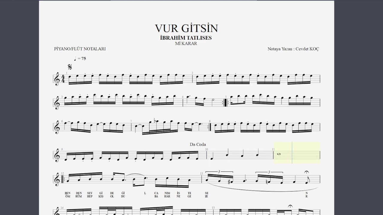 VUR GİTSİN -  İBRAHİM TATLISES NOTA SOLFEJ