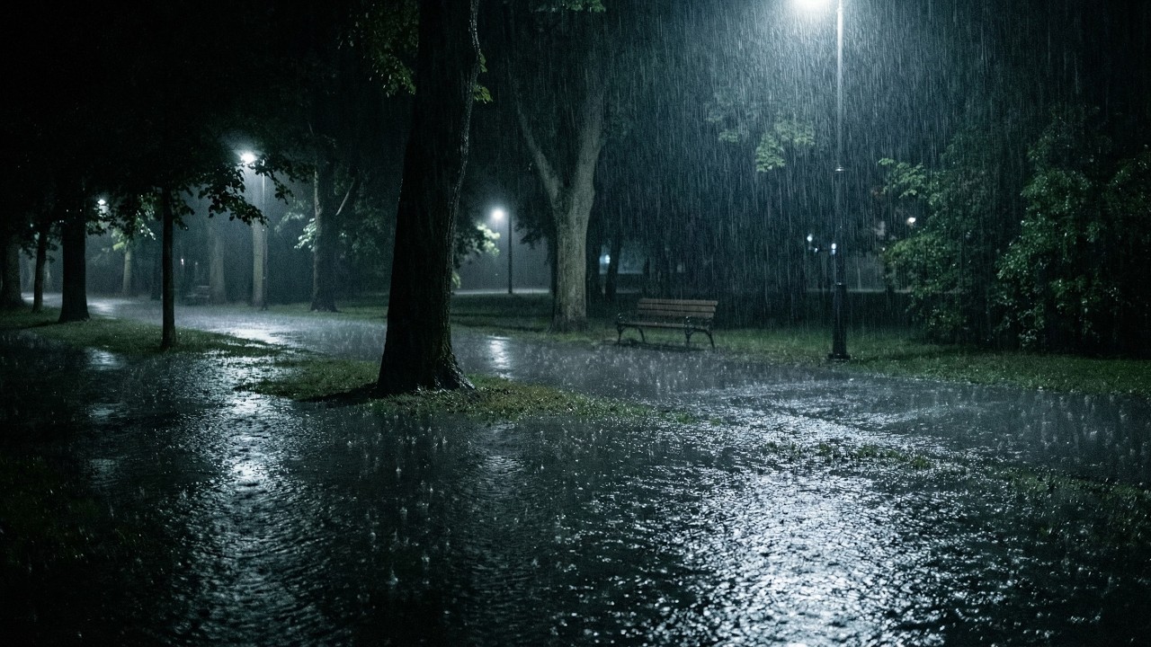 夜の公園と大雨｜Heavy Rain in a Night Park | Deep Sleep & Relaxation