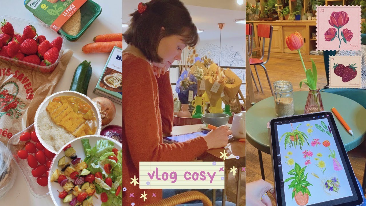 dessin au café des fleurs, jour de marché au printemps 🍓 vlog cosy