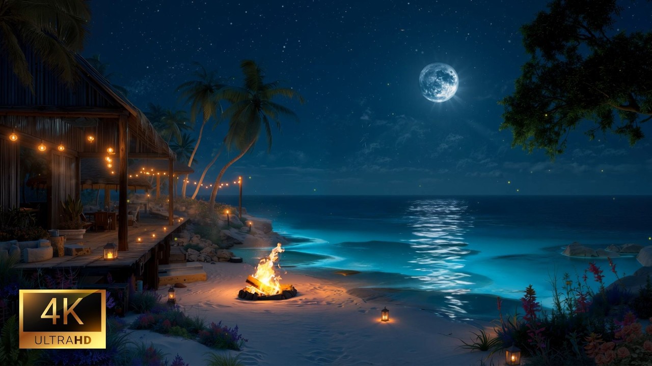 Relaxing Oceanfront Evening (No Ads) • Fire Crackling & Wave Sounds