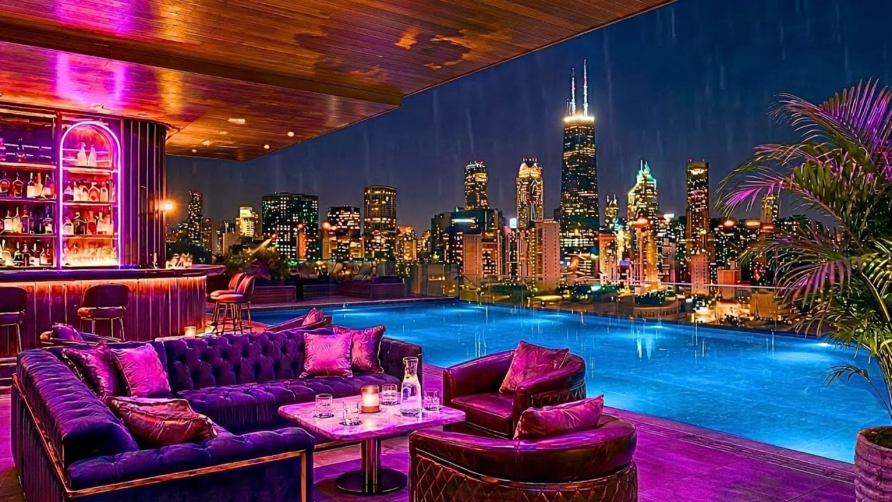 Late Night Chicago Rooftop 🌃🎧 Chill Out Retro Lofi Lounge Music with Rain Ambience
