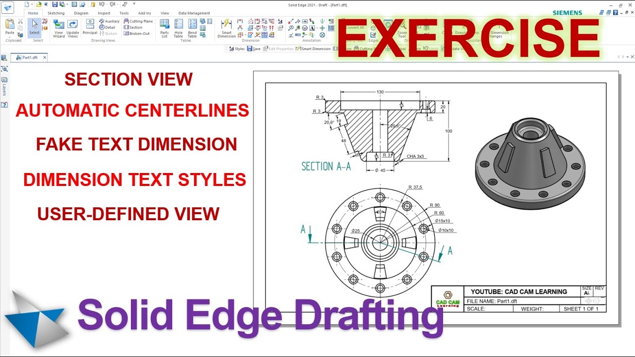 Solid Edge Drafting Tutorial #4 | Exercise - Section view, Fake Text Dimension, Dimension Text Style