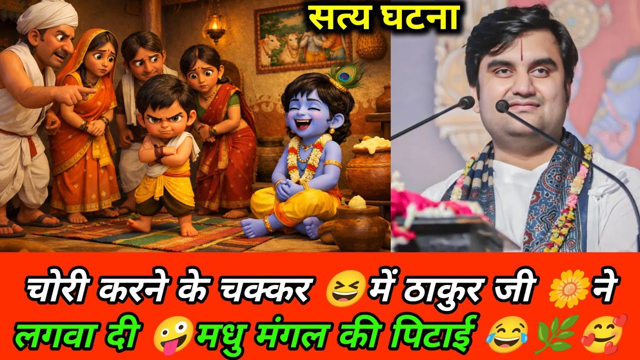 चोरी करने के चक्कर में ठाकुर जी 💥ने लगवा दी मधु मंगल की पिटाई 😂|| indresh ji katha #krishnakatha 