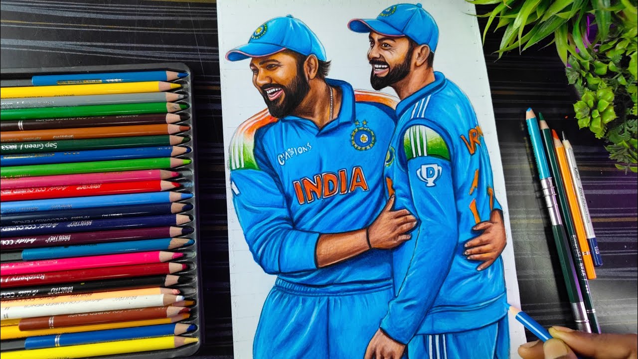 Virat Kohli & Rohit Sharma Drawing, ROKO Drawing❤️‍🩹Colour Pencil, Step By Step Tutorial