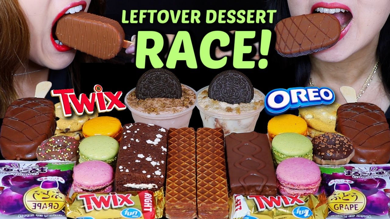 ASMR LEFTOVER DESSERT RACE! TWIX CANDY BARS, KINDER, CARAMEL DONUT, ICE CREAM, OREO CAKE, MACARON 먹방