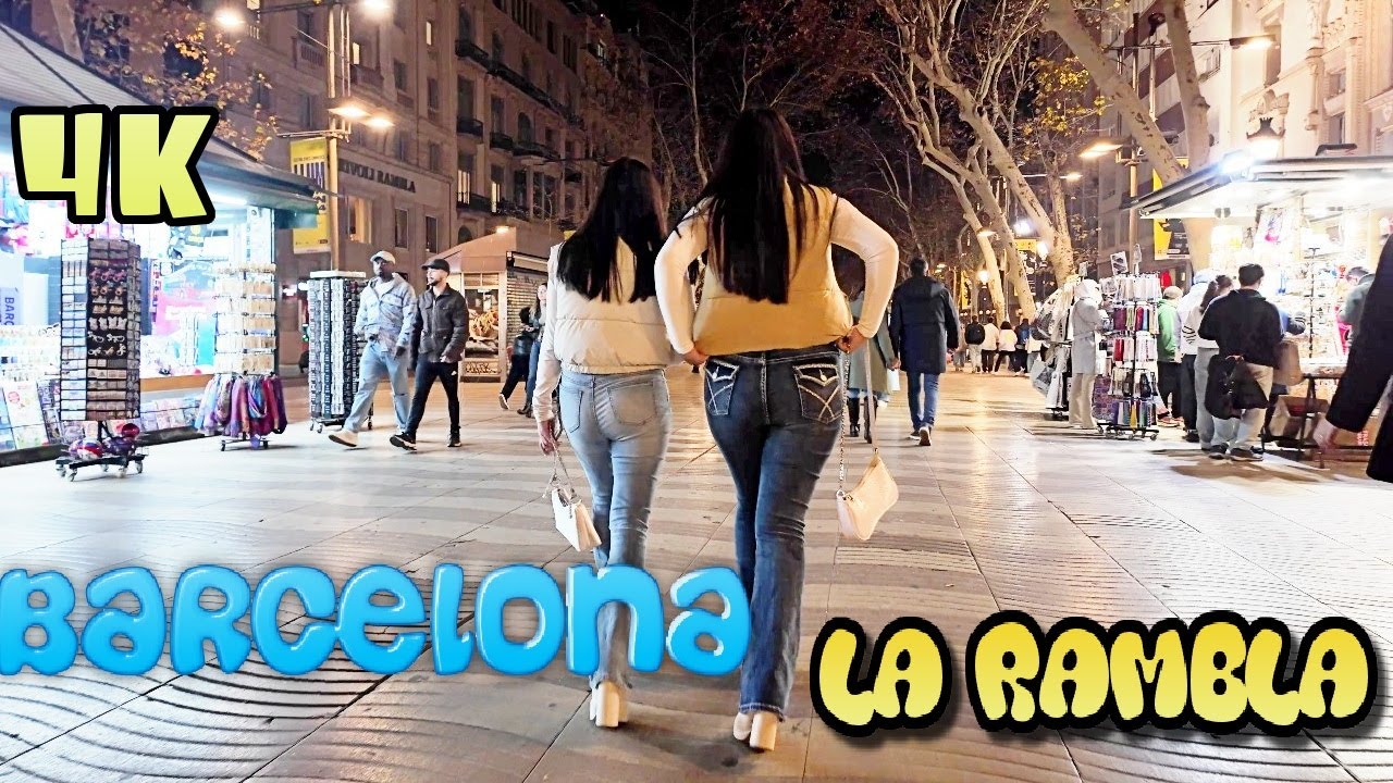 Barcelona Street Walking Tour - Las Ramblas Barcelona at Night - February 2024 Barcelona Spain