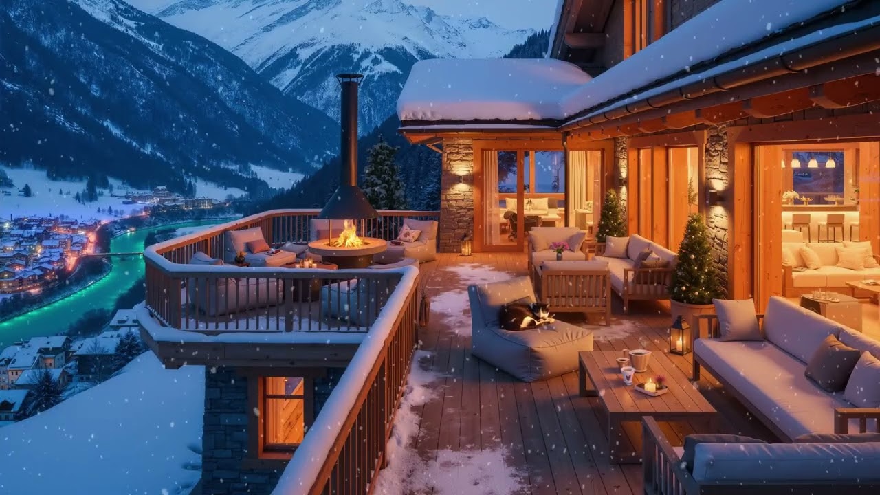 4K Fireplace Evening Jazz | Warm Balcony by the Lake with Soothing Jazz and Snowy Vibes