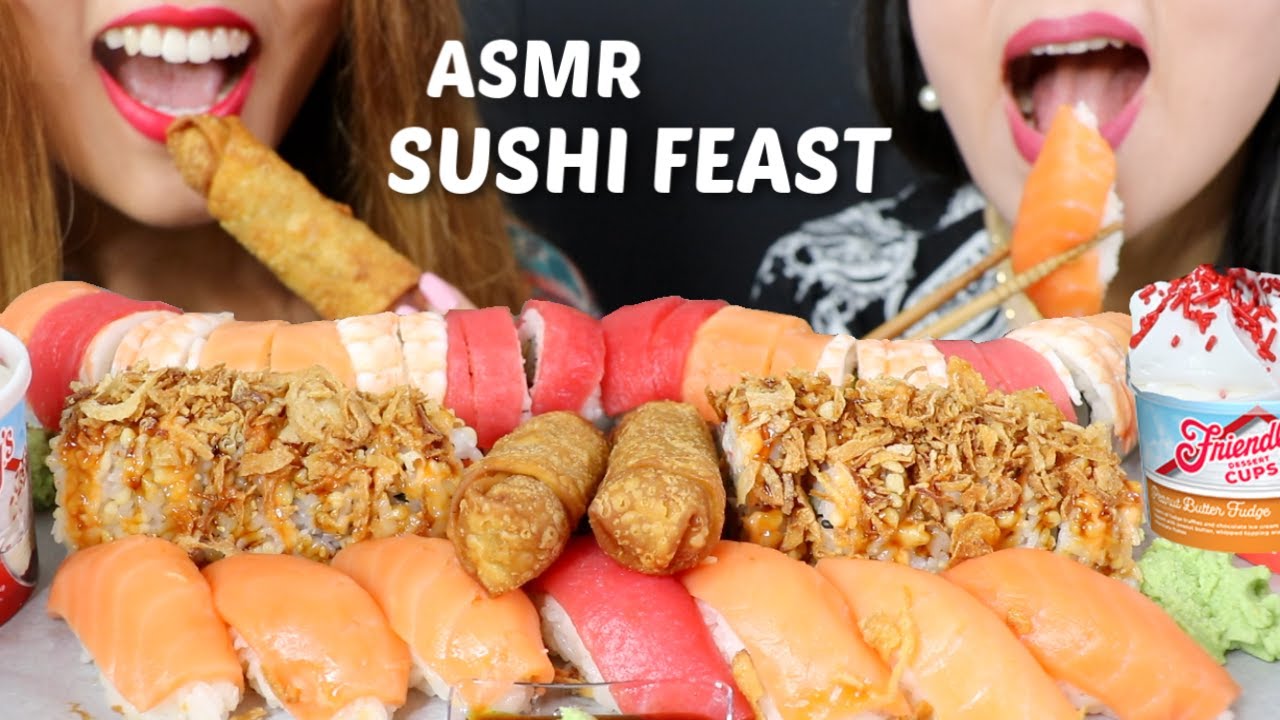 ASMR SUSHI FEAST + ICE CREAM SUNDAES (Nigiri, Rainbow Roll, Crunchy Roll) 리얼사운드 먹방 寿司 | Kim&Liz ASMR