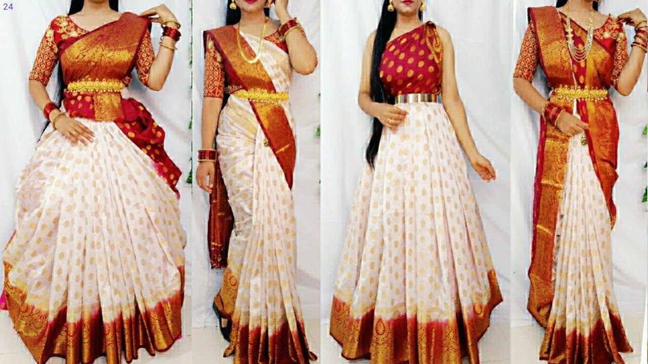 Silk Saree Draping in 5 elegant Style/South indian style/gown Style/Perfect pleats trick/Saundaryaa