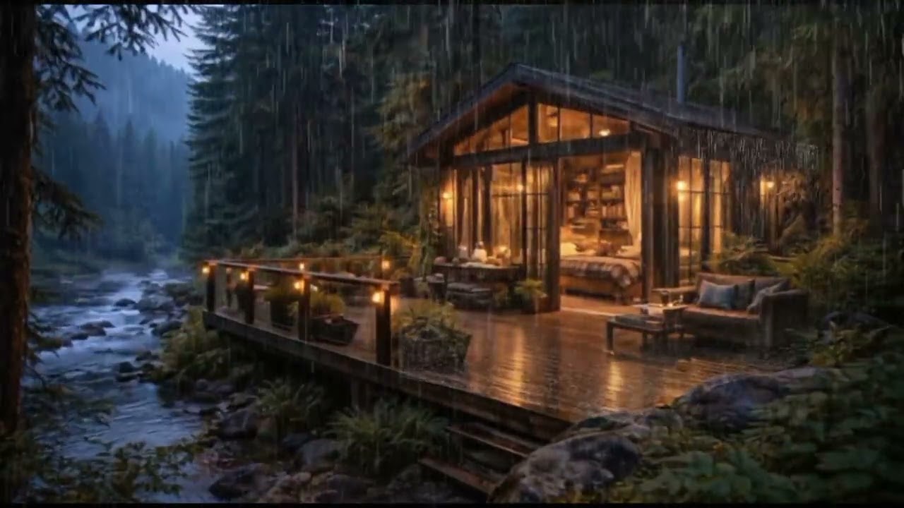 ASMR Rain in Cozy Forest Cabin 🌙 River Sounds for Deep Sleep & Insomnia