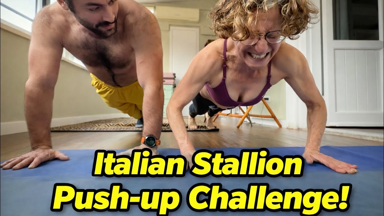Sfida di Flessioni (push-up challenge) - 60yo Miss Moonshine takes on 28yo Italian in Rome - Pt 1/4