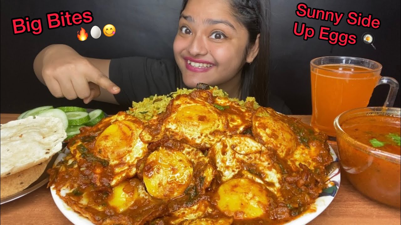 SPICY SUNNY SIDE UP EGG CURRY 🔥WITH VEGETABLE PULAO AND PAPAD | BIG BITES MUKBANG | EATING SHOW