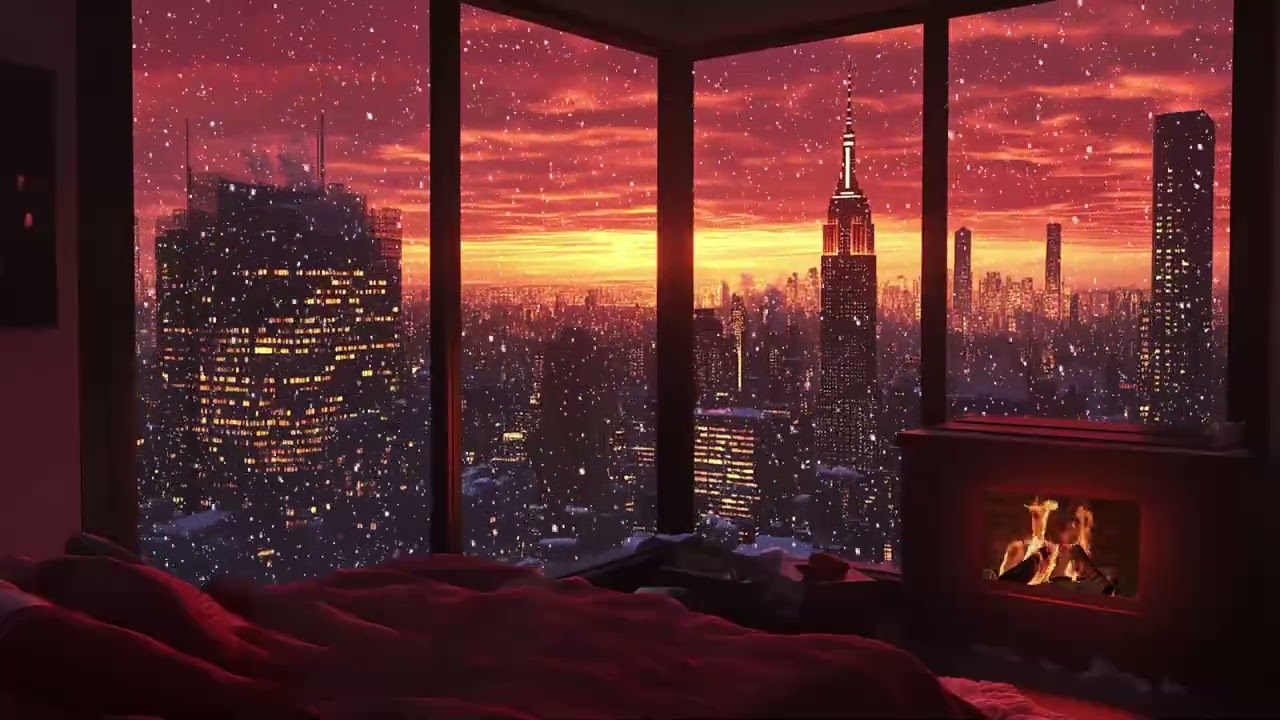 Cozy Winter Sunset in New York City ❄️ Snowfall Ambience & Crackling Fireplace