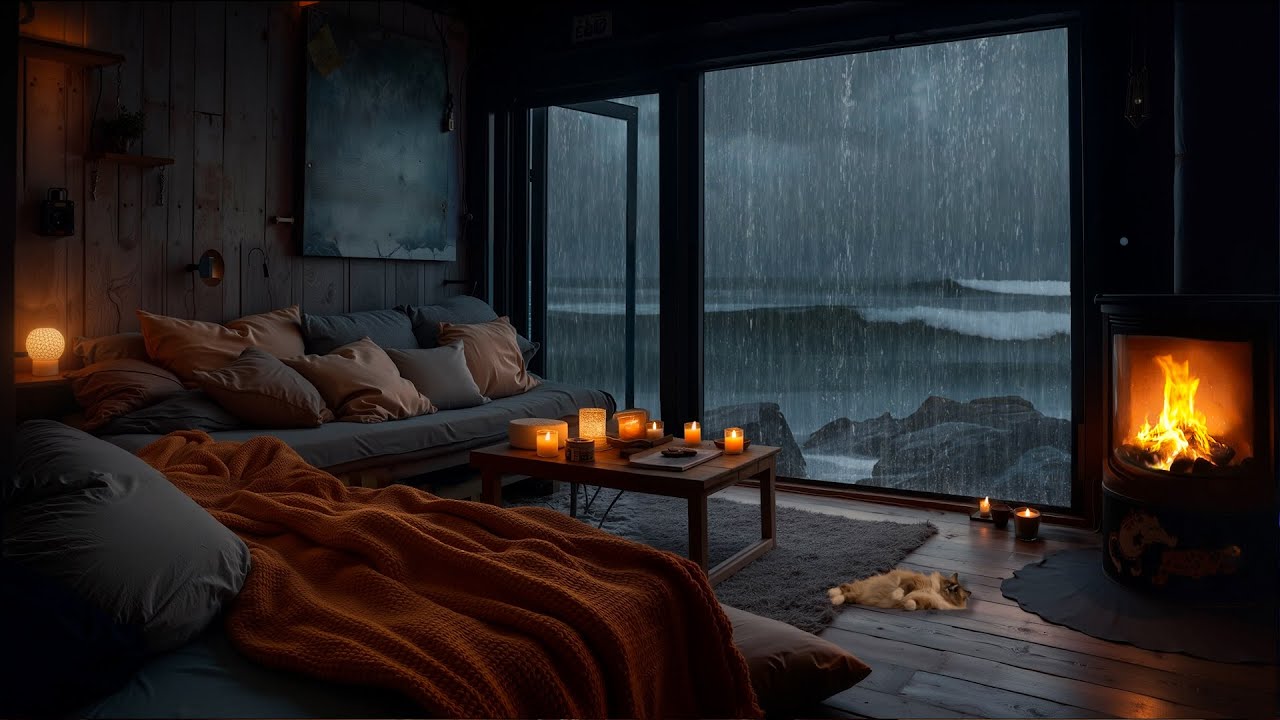 Rain & Big Ocean Waves for Relaxing🌧️ Crackling Fire, Heavy Rain & Thunder to Reduce Stress, Sleep