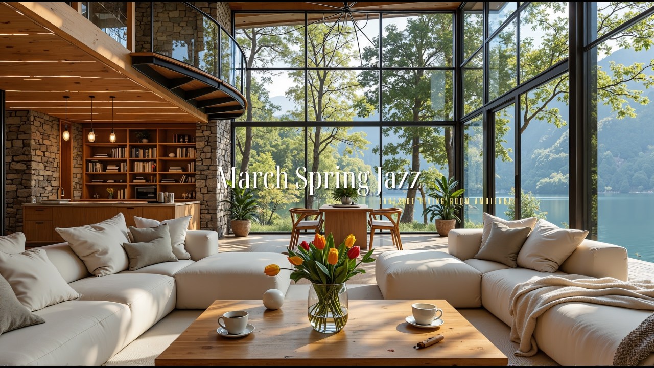 March Spring Jazz in Lakeside Living Room | Cozy Cabin Ambience for Work, Study & Relax