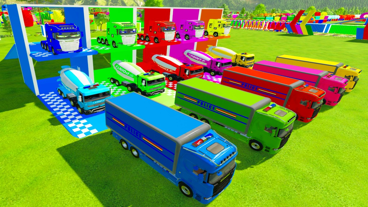 Colorful trucks - ALL COLORFUL SCANIA POLICE BOX TRUCK, MIXER TRUCK TRANSPORTING TO COLORFUL GARAGE