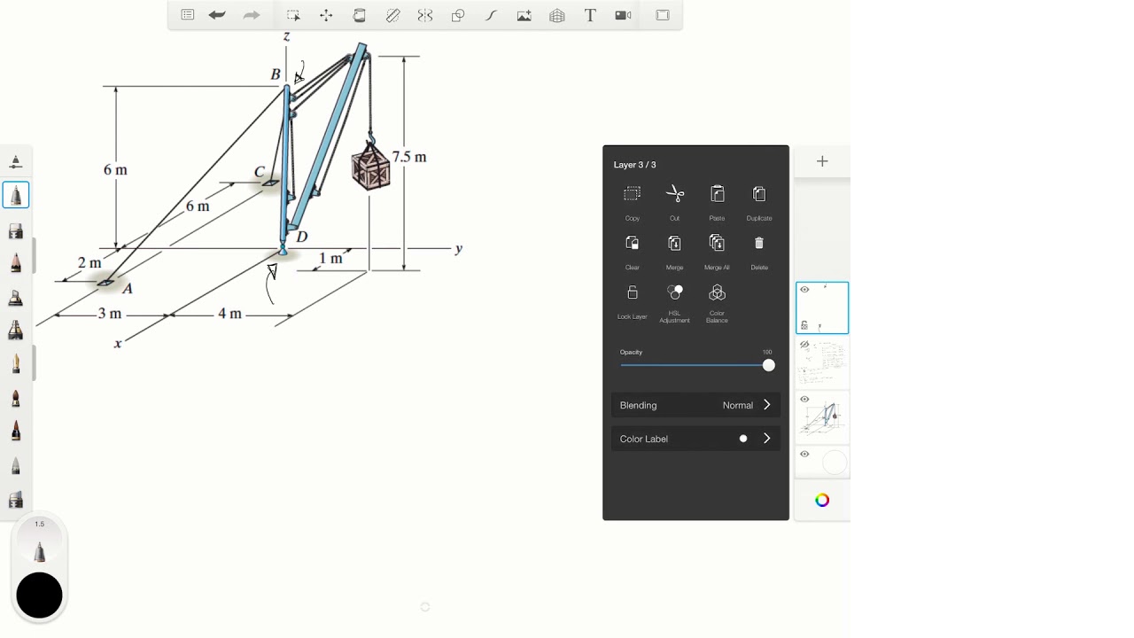 Determine the tension in thecables and the x, y, z components of reaction at D