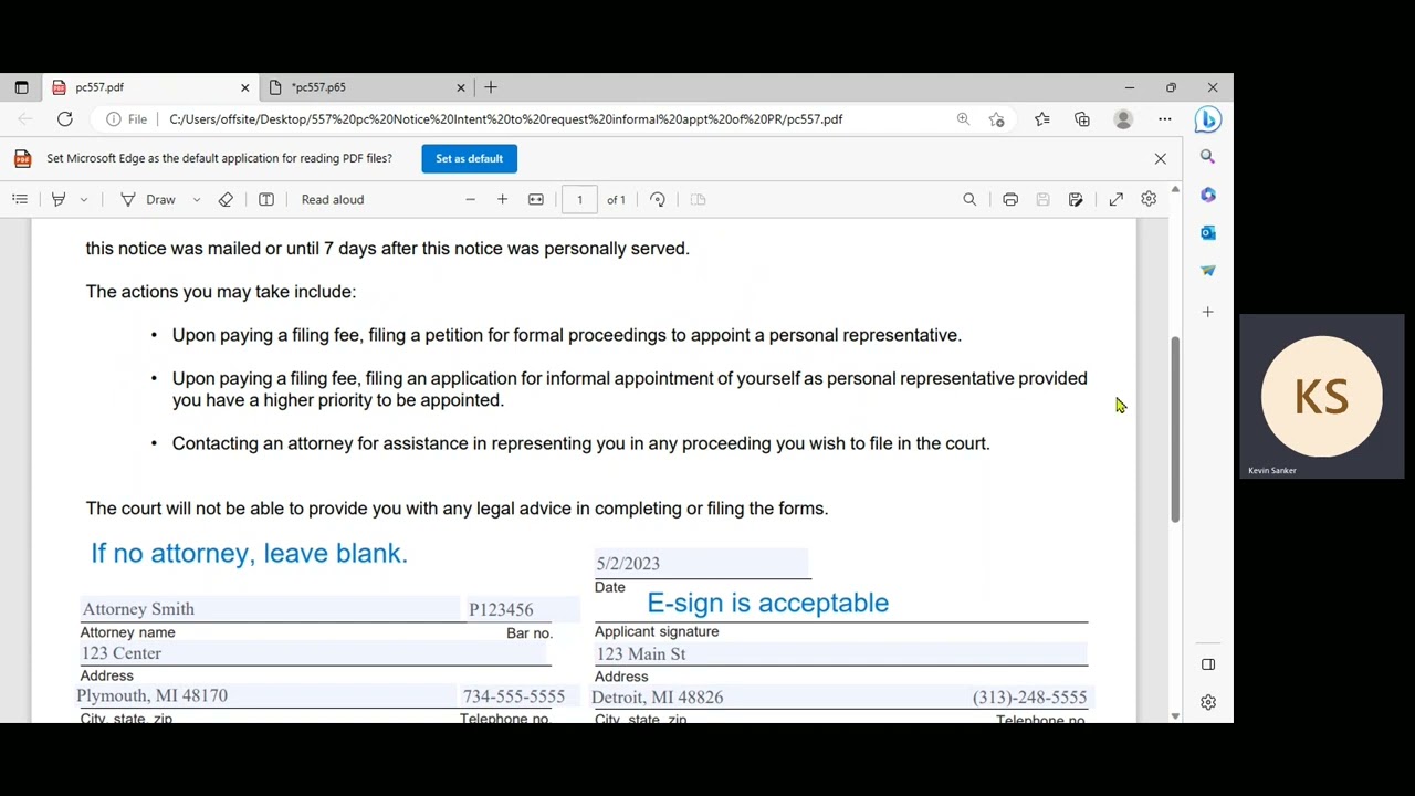 PC 557 Notice of Intent to Request Informal Appointment of Personal Representative