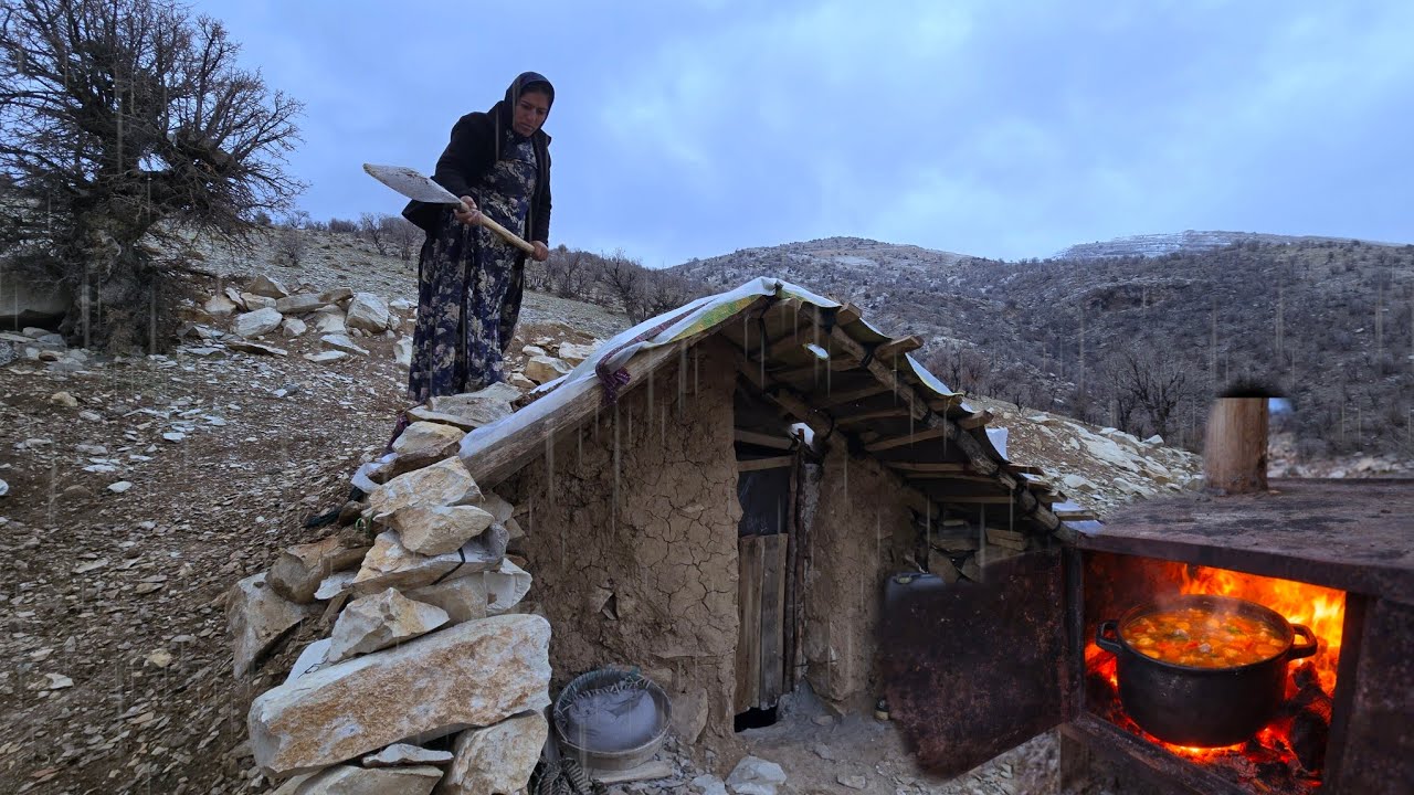 Tunnel house; a mother who repairs the roof of the house in the rain and cooks soup for her children
