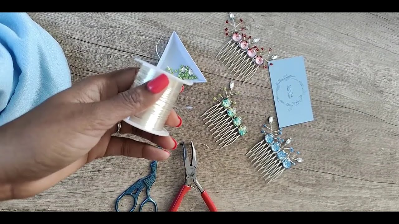 TUTORIEL complet peigne argenté cabochons abstraits verts et perles vertes