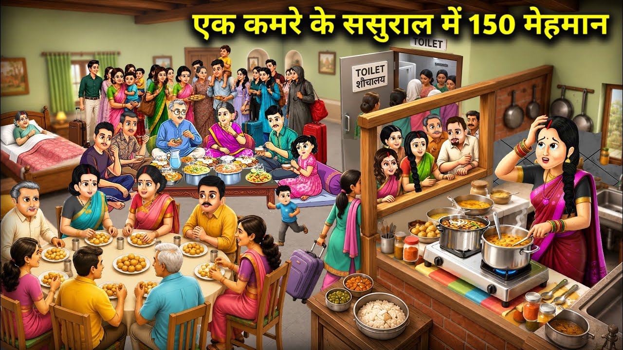 150 परिवार वाला एक कमरे का ससुराल||Hindi Cartoon Stories||150 guests in a one-room in-laws' house.