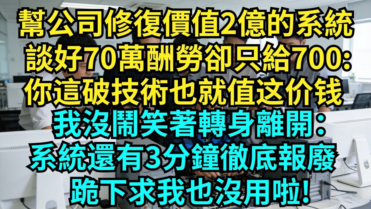 幫公司修復價值2億的系統，談好70萬酬勞卻只給700：你這破技術也就值:00，我沒鬧笑著轉身離開：系統還有3分鐘徹底報廢，跪下求我也沒用啦7奇聞秘事#奇聞#秘事#故事 #职场 #职场故事 #奖金