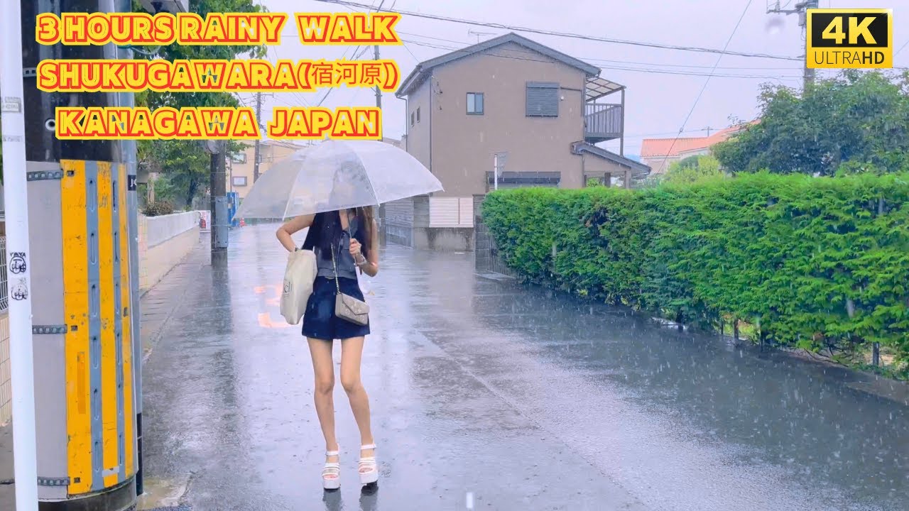 【4k hdr】 3 Hours Heavy Rain Walk in Shukugawara（宿河原）Kanagawa Japan | Relaxing Natural City ambience