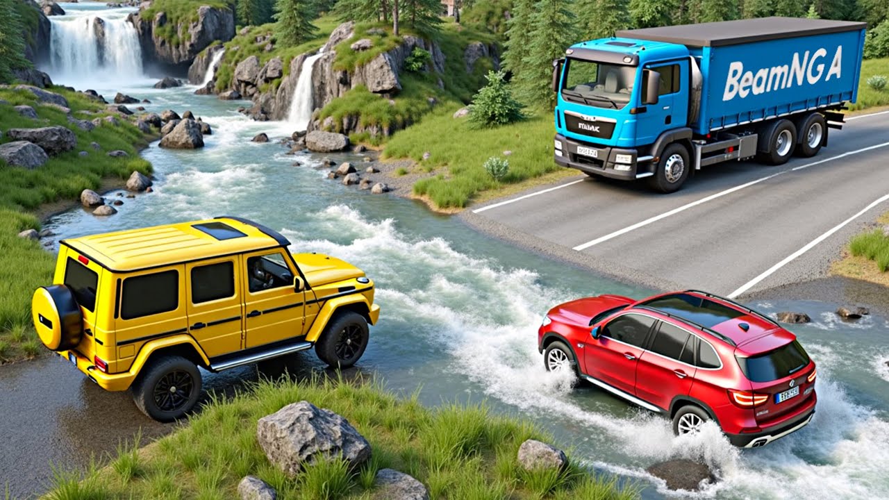 Cars vs Fast Flowing River Challenge - Cars vs Pothole - BeamNG Drive