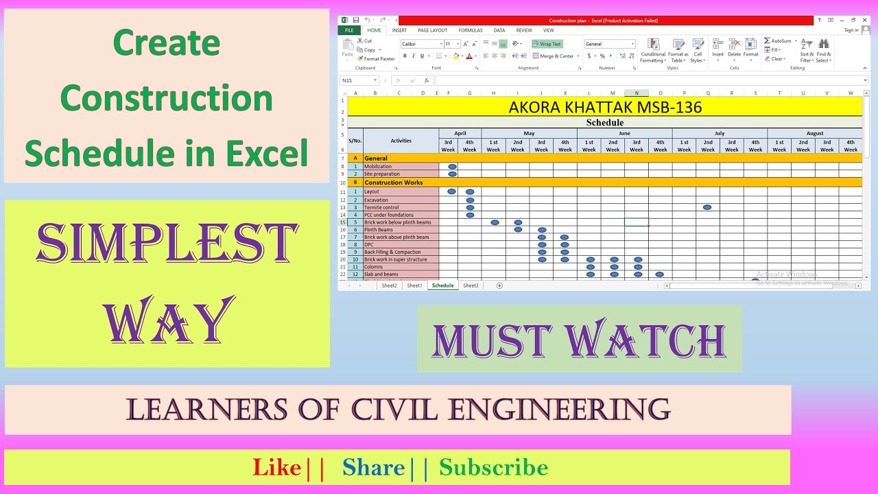 Construction Plan in Excel | Learners of Civil Engineering
