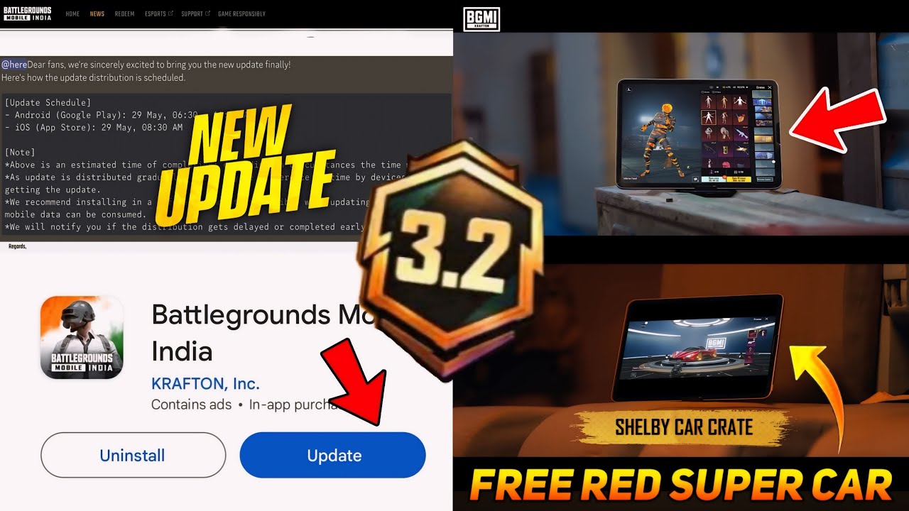 😍BGMI 3.2 UPDATE IS HERE - HOW TO UPDATE BGMI 3.2 - FREE RED SUPERCAR IN BGMI UPDATE 3.2