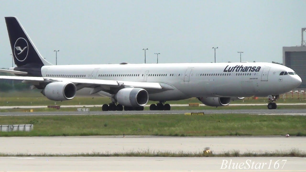 Lufthansa Airbus A340-600 (D-AIHI) takeoff from FRA/EDDF (Frankfurt - am Main) RWY 18