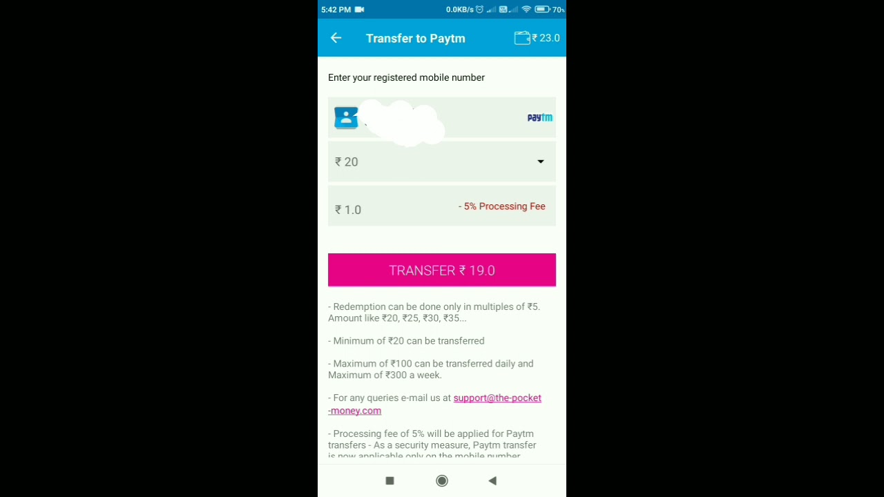How to redeem money from POCKET MONEY to PAYTM
