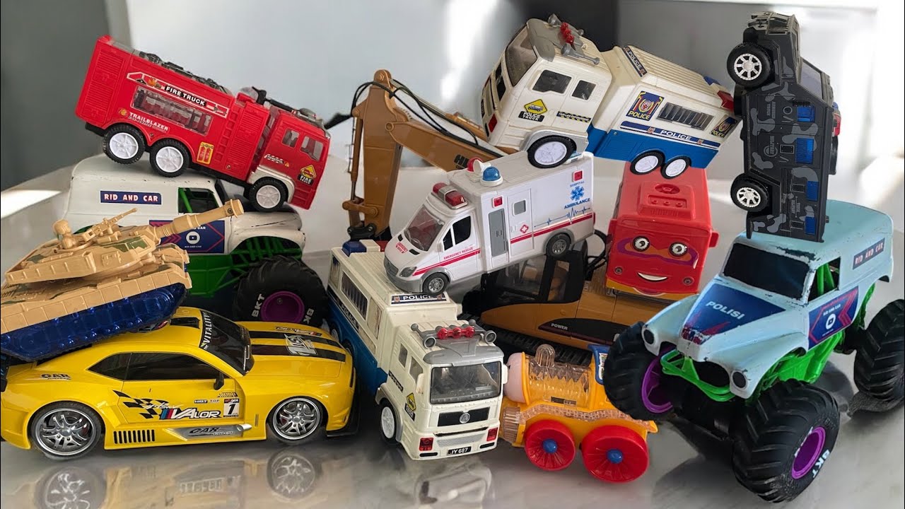POLICE CAR, ARMY CAR, TANK, FIRE TRUCK, AMBULANCE, TRANSFORMERS, SCHOOL BUS AND TAYO TELOLET