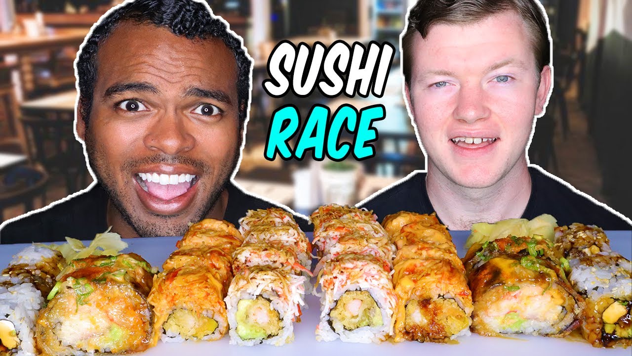 ASMR SUSHI RACE! *TEMPURA ROLLS, VOLCANO ROLLS, SALMON ROLLS* EATING SOUNDS