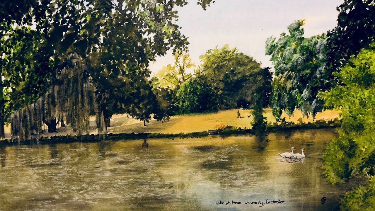 Watercolour Painting/Wivenhoe Park/Landscape/Colchester University's Lake/England/UK/James Art