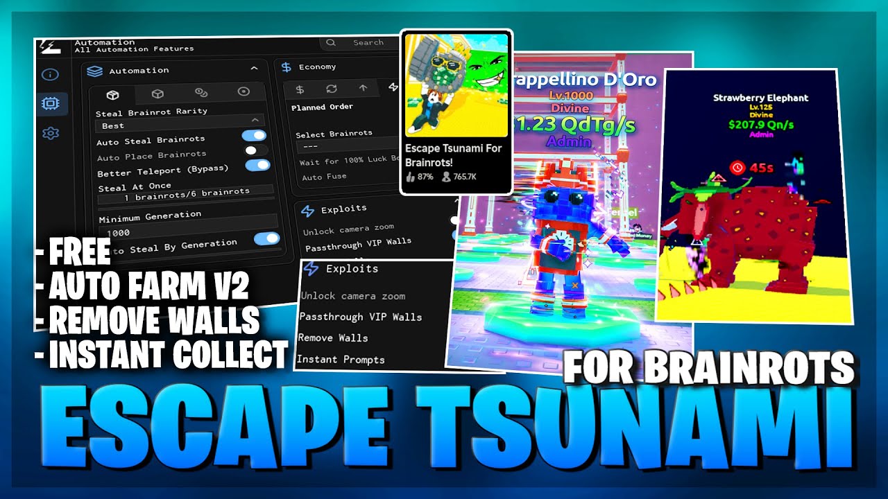 Escape Tsunami for Brainrots Script *NO KEY* - New Auto Farm, Teleport To End, Dupe, Complete Obby 🌀
