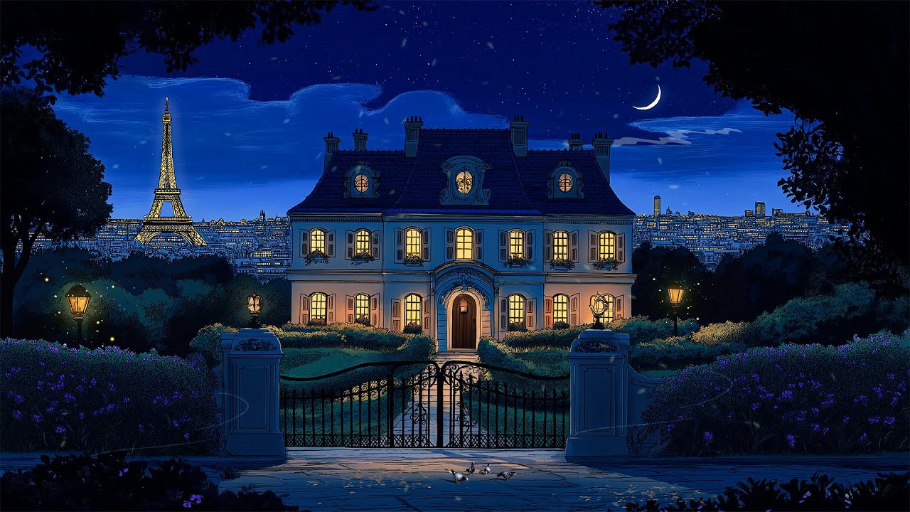 Beautiful night 1940s Paris in autumn with oldies playing in another room