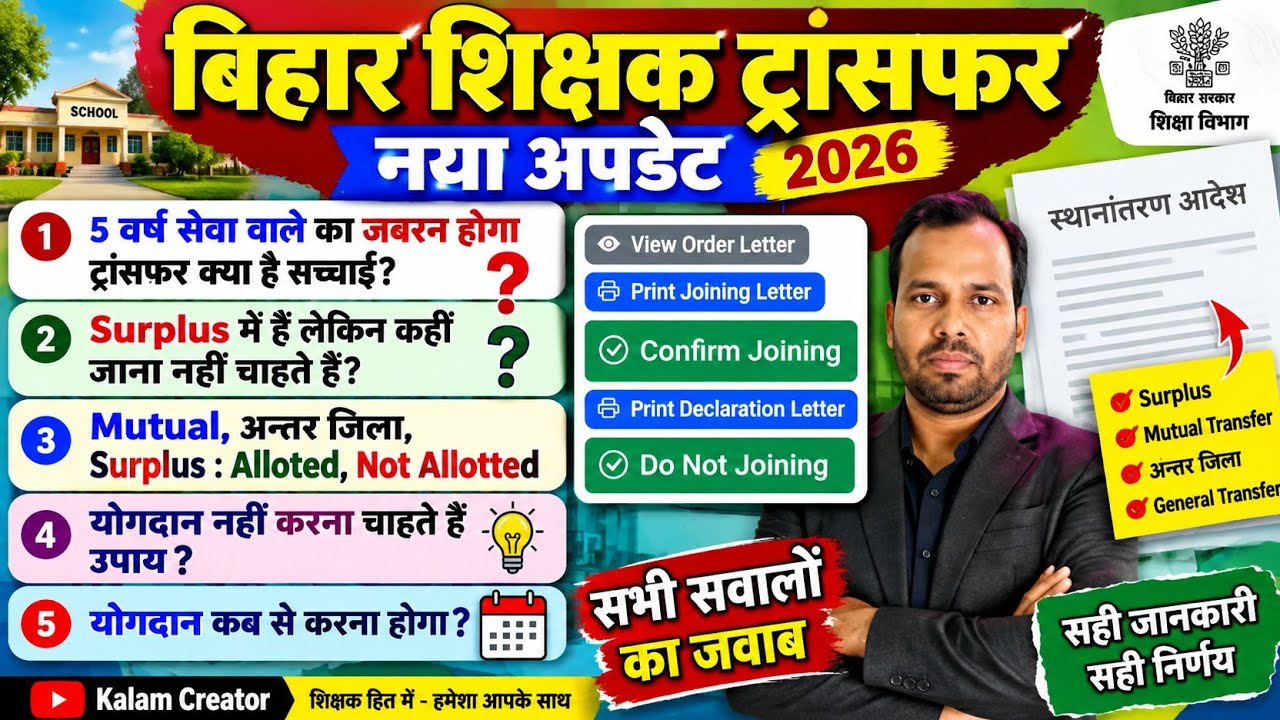 बिहार शिक्षक ट्रांसफर नया अपडेट🚨 Surplus, Mutual, Anter Jila Transfer योगदान करना नहीं चाहते हैं? 