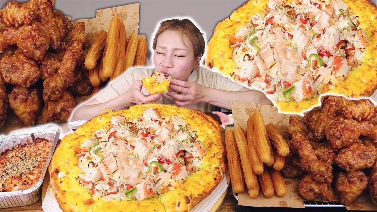 노모어 피자 & 교촌 한가득! 화이트 시푸드 피자🍕허니 콤보🍗 츄러스 5개 250623/Mukbang, eating show