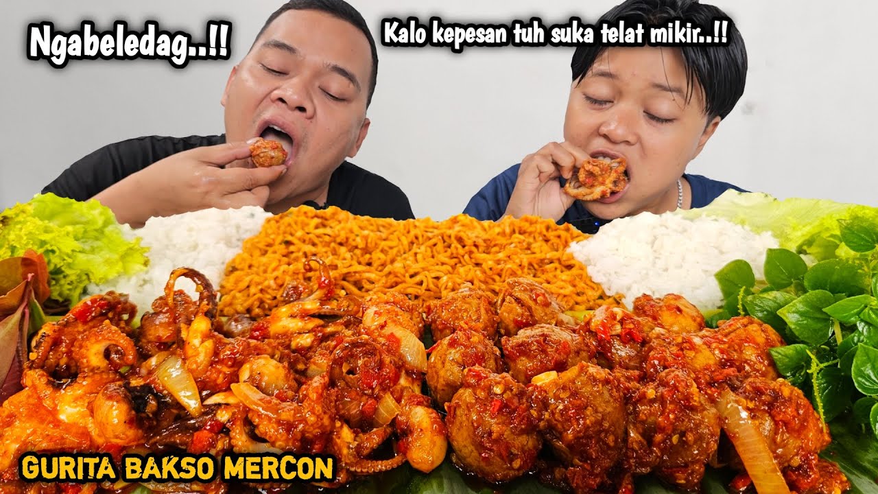 Pedas paten ! Mukbang gurita bakso pentol mercon + lalapan, Enaknya bikin nagih