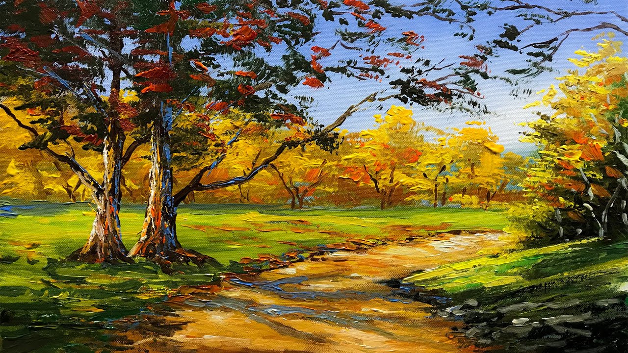 Autumn Forest Path and Trees STEP by STEP Acrylic Painting