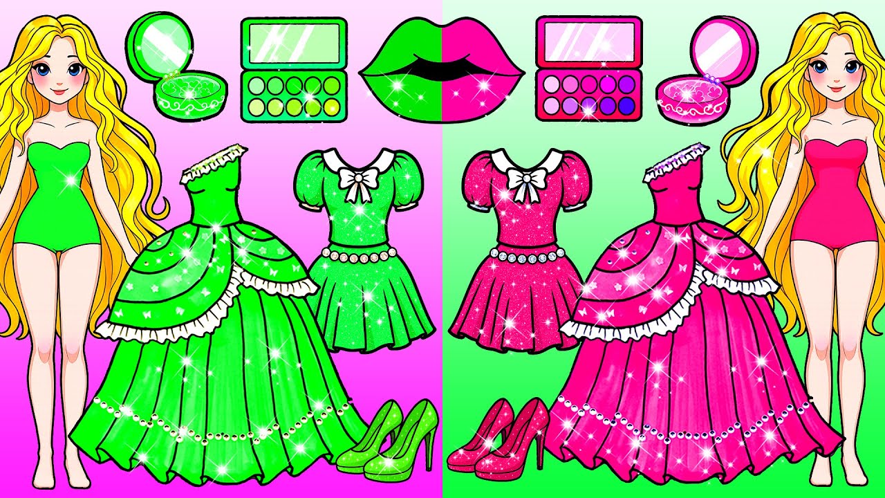 Pink and Green Barbie Makeup & Dress Up - Barbie Transformation Handmade - DIY Arts & Paper Crafts