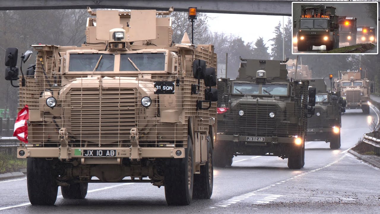 Protected army trucks convoy to Europe for NATO's Steadfast Defender 🪖 🇬🇧