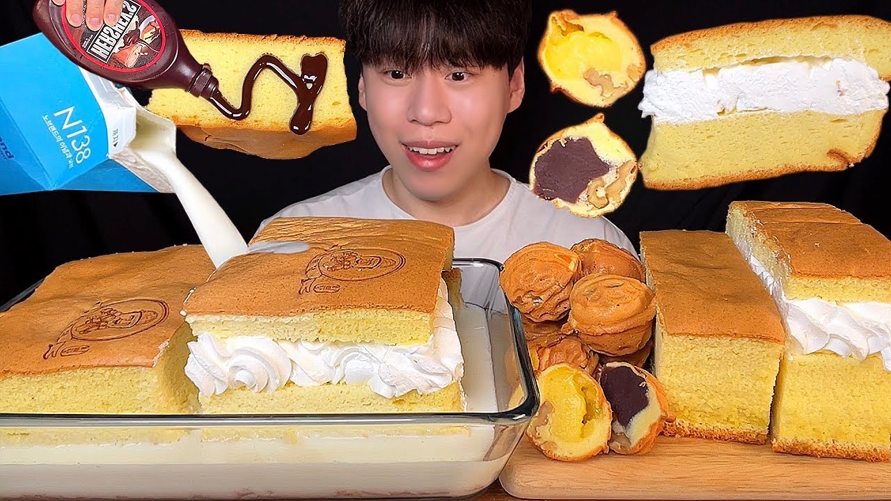 SUB)Корейский хлеб с грецкими орехами и гигантская кастелла (тайваньский торт кастелла) mukbang asmr